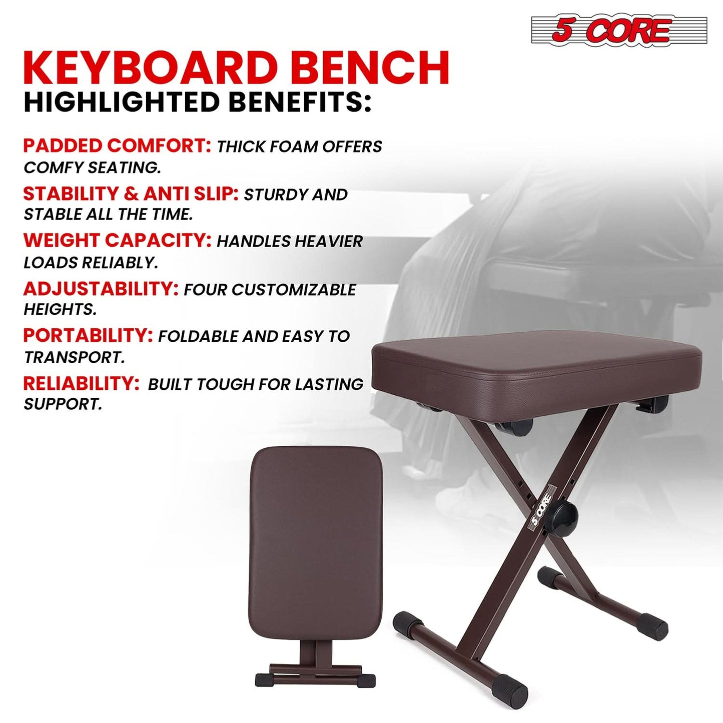 5 Core Keyboard Bench 3" Padded Cushioned Piano Stool Height