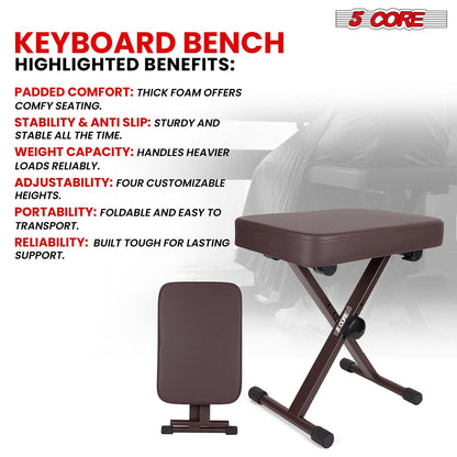 5 Core Keyboard Bench 3" Padded Cushioned Piano Stool Height