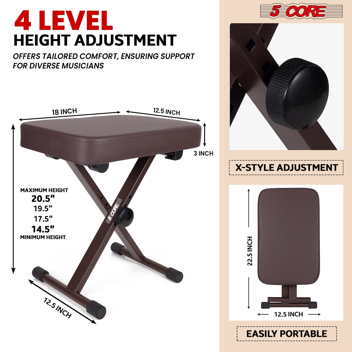 5 Core Keyboard Bench 3" Padded Cushioned Piano Stool Height