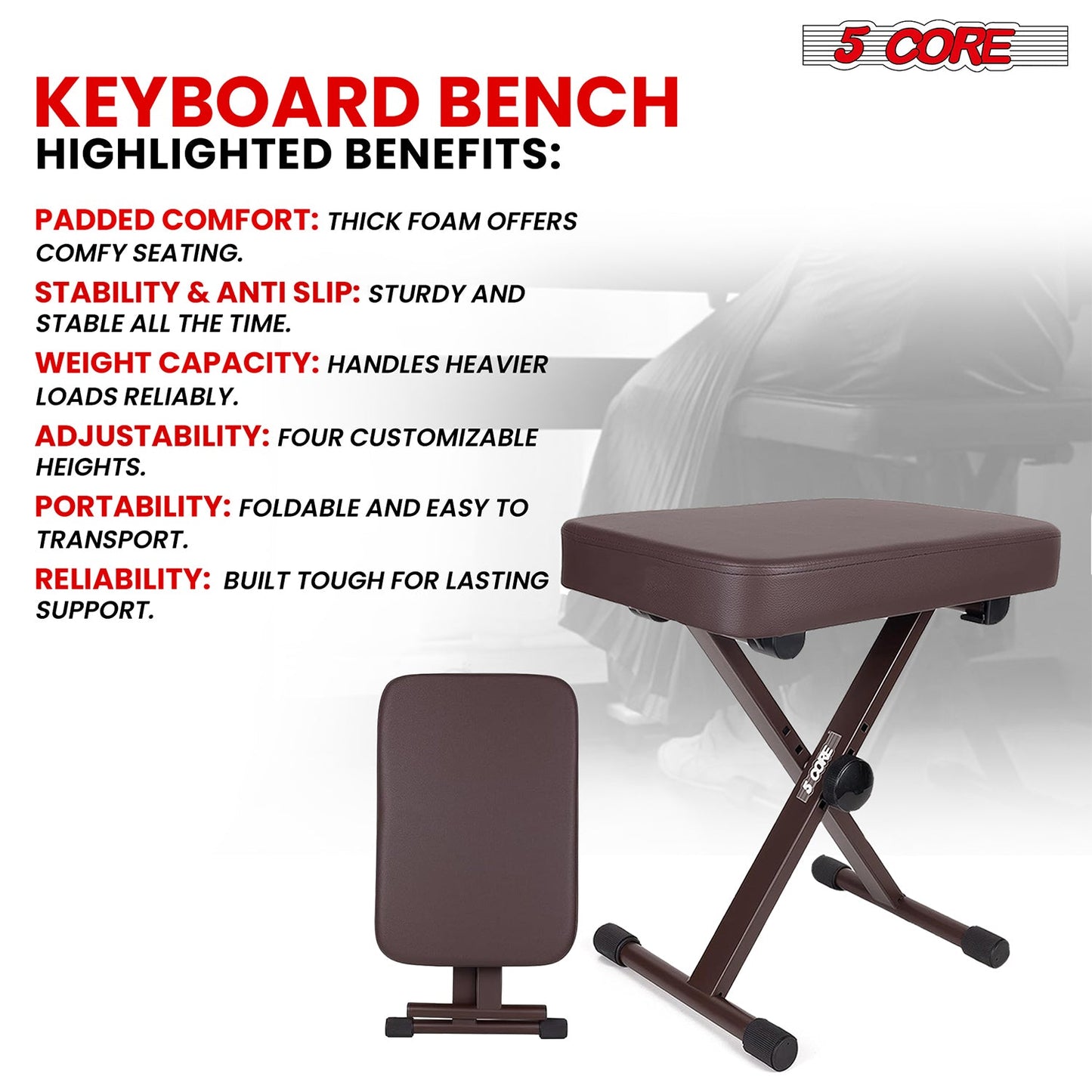 5 Core Keyboard Bench 3" Padded Cushioned Piano Stool Height
