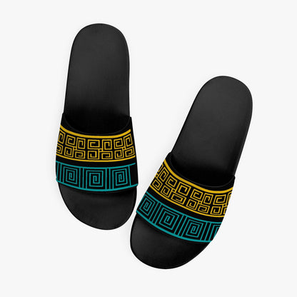 Womens Slide Sandals, Blue And Yellow Geometric Print