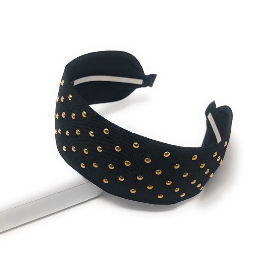 Wide Rivet Black Elastic Fabric Headband for Girls, Studded Punk Hair